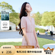 香影（xiangying）粉色v領(lǐng)連衣裙女2025夏季新款肌理感法式甜美收腰泡泡袖裙子 粉紅 S