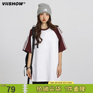 viishow美式復古短袖t恤男夏季寬松oversize潮牌條紋拼接休閑上衣   紅白拼色 L