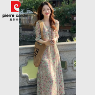 皮爾卡丹（pierre cardin）綠色碎花雪紡連衣裙夏季女裝2025新款高級感法式茶歇裙子女裝 綠色碎花長袖連衣裙 L (建議110-120斤 高品質)