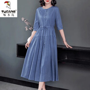 啄木鳥(niǎo)棉麻高端連衣裙大尺碼女裝2025新款洋氣中長(cháng)款五分袖遮肚顯瘦長(cháng)裙 藍色 L 建議115-130斤