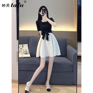 她芙（tafu）品牌女裝赫本風(fēng)連衣裙女2025夏季新款法式氣質(zhì)名媛收腰顯瘦a字裙 黑白色 S