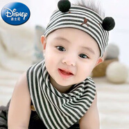 迪士尼（Disney）發(fā)箍寶寶發(fā)帶護囟門(mén)夏季薄款春秋嬰兒可愛(ài)頭巾新生兒空頂鹵門(mén)胎帽 41條紋款黑色套裝-帽子+口水巾 0-8個(gè)月 均碼(適合頭大小36-44cm