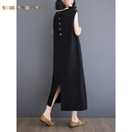 夏典素訂女王（SE.PSTP）夏季新款小眾設(shè)計(jì)感氣質(zhì)長(zhǎng)裙女棉麻拼色圓領(lǐng)后開叉無(wú)袖背心連衣裙 黑色今年流行的輕奢母親女神節(jié) XL 【125-145斤】