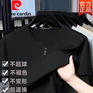 皮爾卡丹（pierre cardin）日系復古風(fēng)亞麻短袖t恤男夏季新品V領(lǐng)薄款中年體恤打底衫休閑上衣 黑色 XL 180/92A