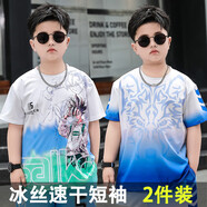 她及其他胖童裝男童短袖夏季新款8-15歲加大加肥中大童速干T恤胖男孩上衣9 碧綠【火影5】速干+漸變藍【狼頭】速干 170 碼適合【110-130斤】