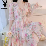 花花公子（PLAYBOY）2025新款夏季碎花連衣裙韓版瑞麗甜美淑女型荷葉邊氣質(zhì)顯廋連衣裙 粉色連衣裙 S 80-100斤
