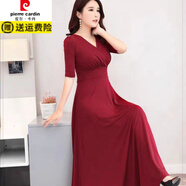 皮爾卡丹（pierre cardin）2025秋季新款韓版女裝連衣裙V領套頭色長袖長裙修身顯瘦大擺裙 酒紅色五分袖 尺碼偏大 2XL 建議135-150斤