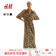 H&M女裝連衣裙25夏新款度假風(fēng)腰部系帶襯衫式植物印花長裙1217576 米色/豹紋 XXS 155/76