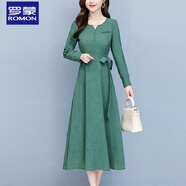 羅蒙2025新款棉麻長(zhǎng)袖連衣裙秋季大碼女裝收腰顯瘦遮肚減齡中長(zhǎng)款 綠色 3XL 140-155斤