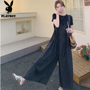 花花公子;PLAYBOY氣質(zhì)休閑條紋背帶褲寬松闊腿褲2025新款短袖連體褲女夏季兩件套裝 黑色【套裝】 【短袖+背帶褲】高品質(zhì) 2XL 建議130-145斤