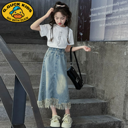 G.duck女童牛仔連衣裙夏裝2025新款洋氣夏季兒童公主裙大童夏款女孩裙子 白色短袖+牛仔裙 160