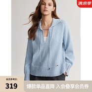 ELLE法式設(shè)計感系帶純棉毛衣女2024秋季新款文藝休閑簡約毛針織衫 淺藍 S