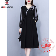 AEMAPE連衣裙女2024秋冬新款拼接長袖盤扣收腰顯瘦氣質(zhì)女裝在中長款無貨 黑色 L 推薦尺碼：90-105斤