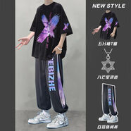 安初夏夏季港風(fēng)純棉短袖t恤男潮流個性痞帥學(xué)生寬松五分袖運動休閑套裝 黑色X線+黑色休閑褲【項鏈】 XL 建議120-140斤