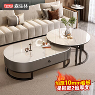 森生林巖板茶幾客廳小戶型簡約輕奢橢圓形可伸縮茶桌 C14-1黑架灰箱 雪山白+雪山白 120cm橢圓茶幾+80cm小圓邊幾
