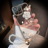 適用iPhone16手機(jī)殼透明水鉆蘋(píng)果15Promax保護(hù)套網(wǎng)紅新款14感 茶花之戀-太空銀-不帶繩 iPhone6/6S