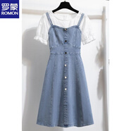羅蒙（ROMON）拼接蕾絲假兩件天.絲牛仔連衣裙女夏季新款收腰寬松顯瘦短袖裙子 天絲牛仔藍 XL