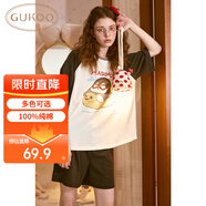 果殼（Gukoo）睡衣女夏季新款卡通插肩袖短袖女士家居服套裝 黑色套裝 L