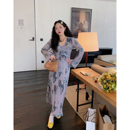 簡(jiǎn)方位高端茶歇法式連衣裙女長(zhǎng)袖年新款春秋裝胖大碼女裝長(zhǎng)裙子 紫色 現(xiàn)貨 均碼 L