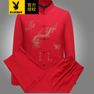 花花公子唐裝中山裝男士春夏季中國風(fēng)短袖套裝道袍漢服晨練服民族風(fēng)古裝 大龍長(cháng)袖紅色套裝 L