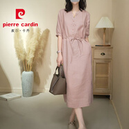 皮爾卡丹（PIERRE CARDIN）韓系休閑顯瘦系帶純色裙子2025夏季新款洋氣五分袖連衣裙潮 粉色 L 【建議100-110斤】