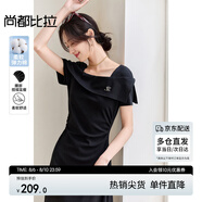 尚都比拉夏季棉質(zhì)優(yōu)雅連衣裙女方領(lǐng)收腰顯瘦小黑裙氣質(zhì)女神高級感中長裙
