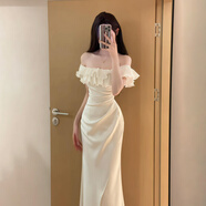 熒蒂（YINGDI）法式白色荷葉邊一字肩連衣裙子女夏2025年新款純欲風(fēng)包臀魚尾長裙 【白色】 S