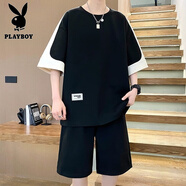 花花公子短袖短褲套裝男2025夏季新款青少年寬松日系拼接大碼撞色套裝男款 15黑色 M 【建議90-110斤】