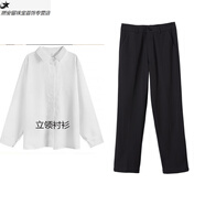 創(chuàng)京懿選職業(yè)女性穿搭夏季女春夏套裝大學(xué)生公務(wù)員面試職業(yè)裝時(shí)尚顯瘦氣質(zhì) 黑色單褲子+立領(lǐng)襯衫 M