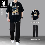 花花公子（PLAYBOY）青少年短袖t恤男套裝夏季高初中學(xué)生體恤2025大童搭配潮流酷帥氣 兩件套【695款黑色+7081冰絲褲】 XL 【適合115-130斤】