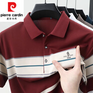 皮爾卡丹（pierre cardin）中老年男士短袖t恤翻領(lǐng)條紋冰絲薄款爸爸裝寬松百搭涼感半袖體恤 1009安哥拉紅 M 建議90-120斤