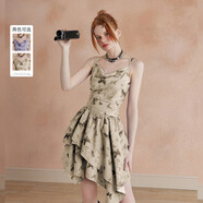 UNIFREE【明星同款】紫色吊帶連衣裙蝴蝶印花收腰不規則辣妹裙子 卡其 XL