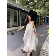 QCKZ夏季新款法式清爽慵懶度假風(fēng)唯美時尚修身顯瘦吊帶連衣裙長裙女仙 杏色 XS
