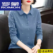 羅蒙（ROMON）23年新款春季純棉長袖女秋衣秋老媽裝寬松遮肚翻領(lǐng)POLO衫t恤百搭 海藍色 3XL 【建議135-150】