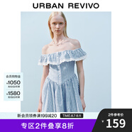 UR2025夏季新款女裝格紋拼接蕾絲一字領(lǐng)連衣裙UYL750043 中藍(lán)格子 (偏短) S