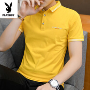 花花公子（PLAYBOY）純色短袖T恤男夏季新款襯POLO衫領POLO衫韓版潮流衣服男裝半截袖 3512黃色時尚百搭 M 適合90-105斤