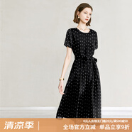 顏域短袖黑色連衣裙女裝2024新款夏裝優(yōu)雅顯瘦中長(zhǎng)款圓領(lǐng)波點(diǎn)裙子 黑白點(diǎn) XXL/44