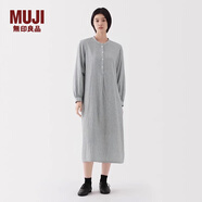 無印良品（MUJI） 女式 木棉混 雙層紗織長袖連衣裙女裝裙子25年春季長裙 BC2L3C5S 煙熏綠色條紋 L (165/88A)