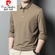 皮爾卡丹（pierre cardin）男士長(zhǎng)袖T恤方領(lǐng)襯衫袖扣冰絲無(wú)痕polo衫春秋季單色凈版帶領(lǐng)體恤 駝色 M 165