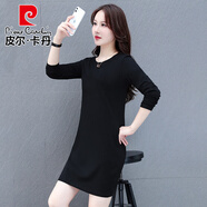 皮爾卡丹純棉彈力純色休閑長(cháng)袖中長(cháng)款衛衣連衣裙女春秋圓領(lǐng)套頭寬松遮肉 黑色 2XL