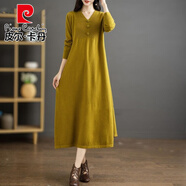 皮爾卡丹秋冬新款女V領(lǐng)洋氣媽媽裝針織毛衣大擺裙大碼寬松長(cháng)款過(guò)膝連衣裙 秋香黃 均碼