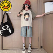 G.DUCKIDS女童夏裝套裝2025新款中大童韓版洋氣兒童裝薄款牛仔褲中褲兩件套 套裝原野綠T恤+牛仔褲無(wú)繩 140