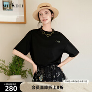 謎底刺繡T恤短袖女2025夏新款圓領(lǐng)寬松后背抽象繡花上衣256MT6021 黑色 XS
