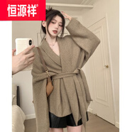 恒源祥羊·毛感古著(zhù)慵懶風(fēng)大毛衣外套女加厚秋冬寬松收腰綁帶v領(lǐng)針織開(kāi) 咖色 M