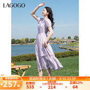 lagogo莫奈紫顯白荷葉邊浪漫裙女拉谷谷2025年夏季新款收腰連衣裙 淺紫色 S