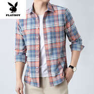 花花公子（PLAYBOY）長袖襯衫男士春秋季新款棉免燙上衣服休閑格子襯衣外套新品 紅色 39 建議120-135斤