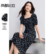 尚都比拉法式連衣裙女夏季方領(lǐng)堆堆袖復(fù)古波點抽褶開叉A字裙