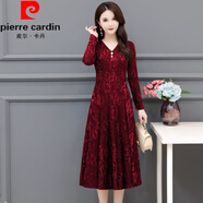 皮爾卡丹（pierre cardin）春秋季網(wǎng)紅提花長(cháng)裙女?huà)寢屟b大碼V領(lǐng)長(cháng)袖連衣裙中年中長(cháng)大擺裙 酒紅色 2XL 105-120斤