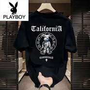花花公子（PLAYBOY）夏季潮流中年高品質(zhì)男士短袖T恤爸爸休閑圓領(lǐng)印花打底衫百搭上衣 短袖-黑色【大印花熊】單面 5XL