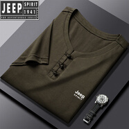 JEEP SPIRIT棉質(zhì)短袖t恤男夏季唐裝中國風(fēng)v領(lǐng)寬松中式復(fù)古休閑半袖體恤衫透氣 軍綠001 M 90-110斤